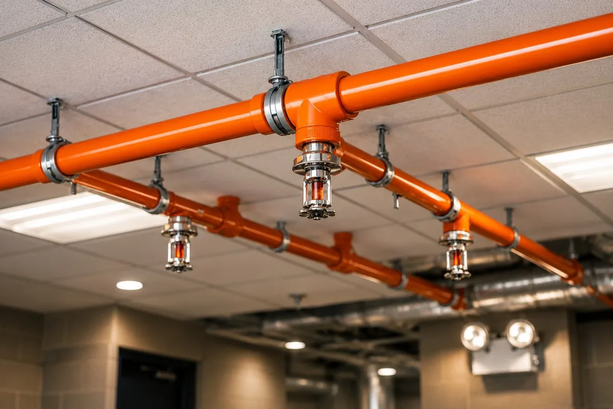 Orange CPVC sprinkler pipework installed in a commercial building ceiling with sprinkler heads