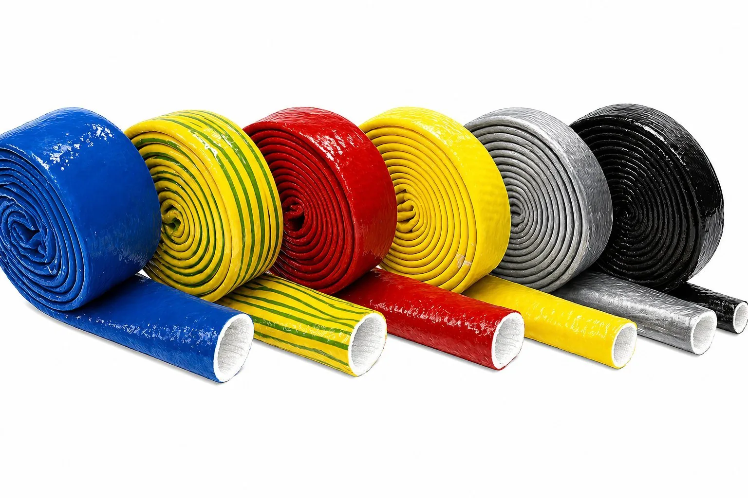 Firesleeve heat protection sleeves in six standard colours: blue, yellow-green earth, red, yellow, silver and black — manufactured in Burnley, UK